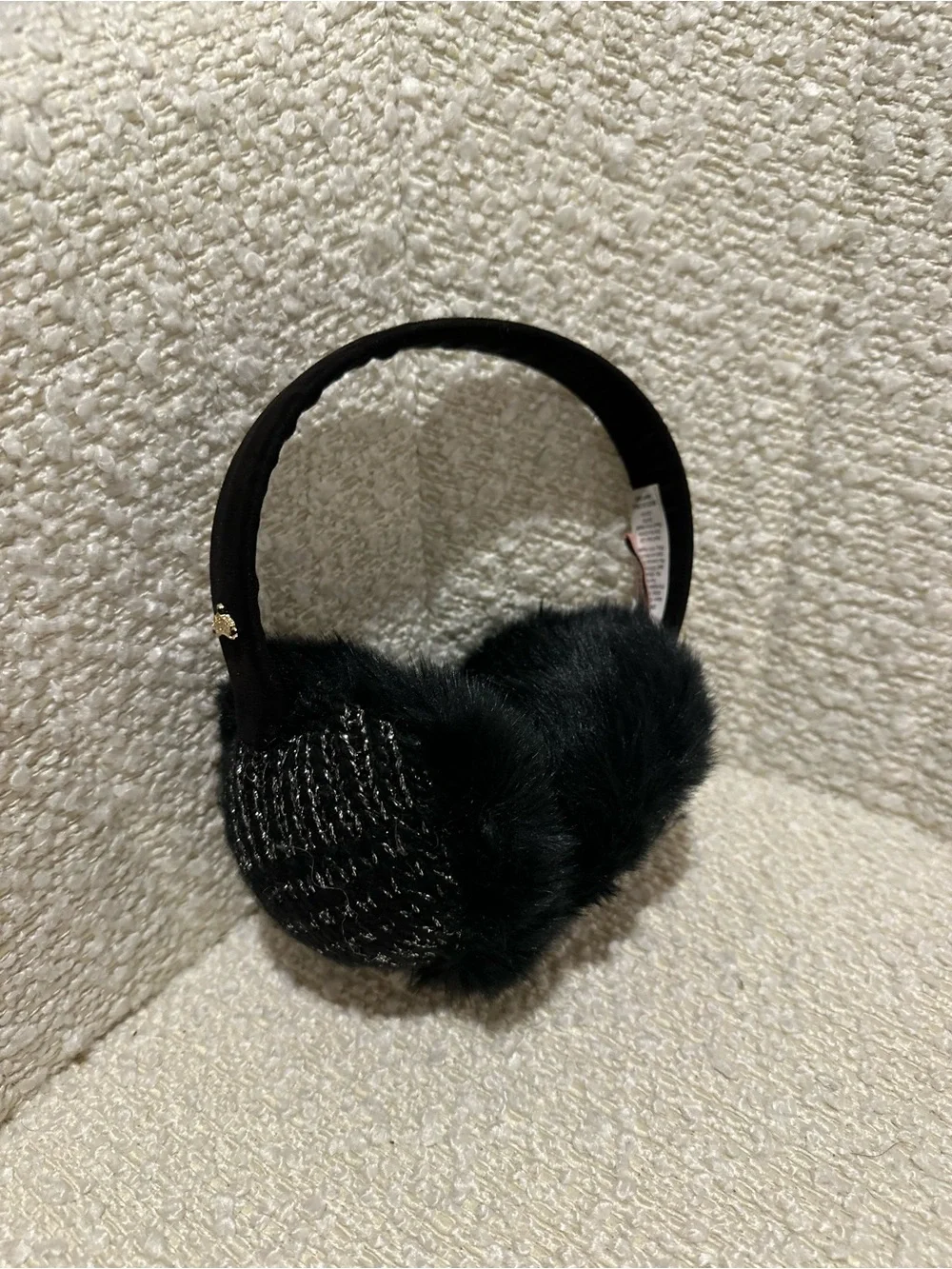 Juicy Couture Black Faux Fur Earmuffs with Gold Crown Detail